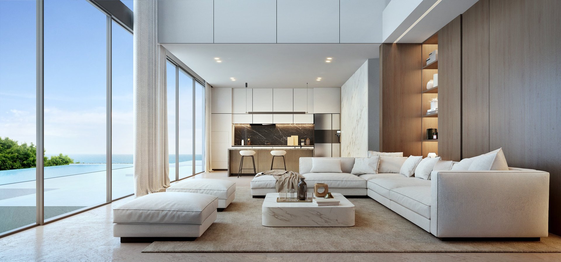 Living room luxury house in modern style with white sofa and pool and sea view