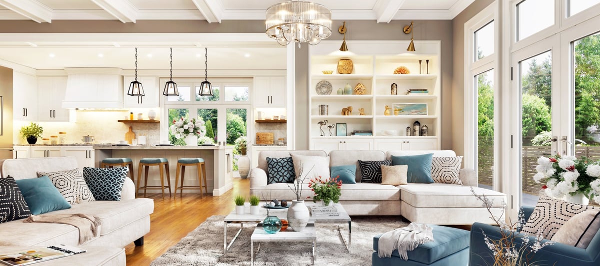 Warm open-plan living room with generous kitchen, ideal for family life